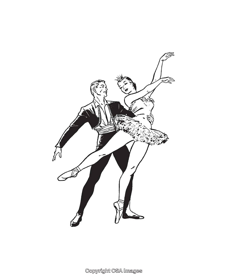 Elegant Ballet Couple Performing a Graceful Dance in Black and White Line Art