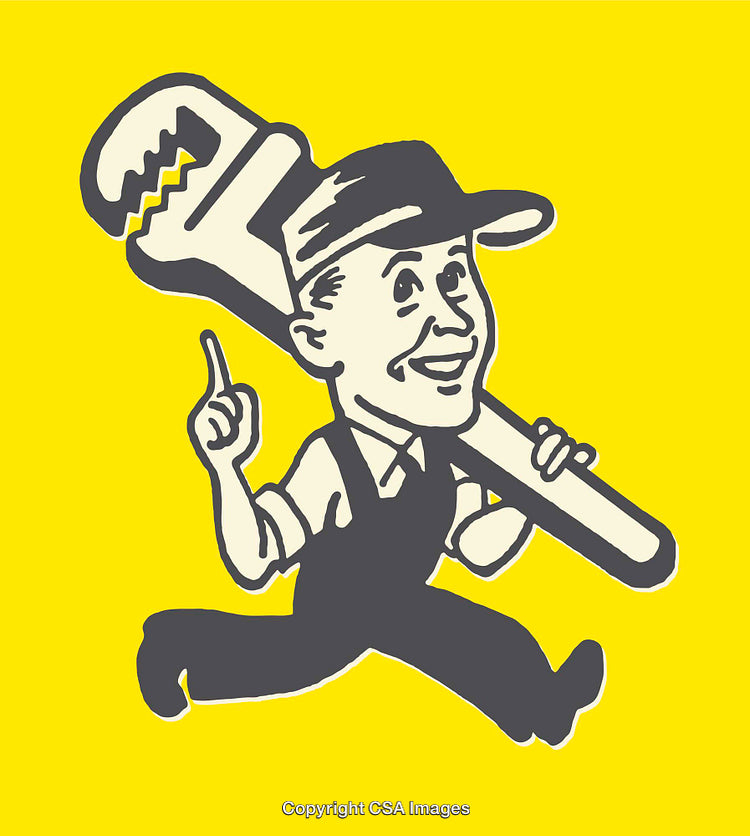 Vintage Line Art of a Cheerful Worker Carrying a Large Wrench