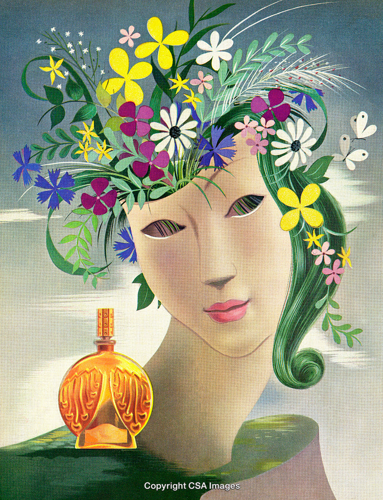 Artistic Portrait of Woman with Flower Hair and Golden Perfume Bottle