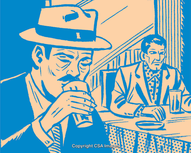 Illustration of Two Men Conversing at a Table in Vintage Style