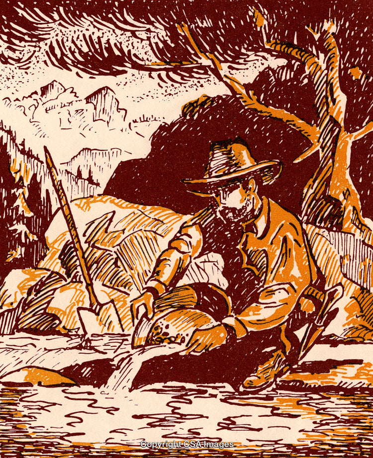 Illustration Depicting a Gold Prospector Panning in a Mountain Stream