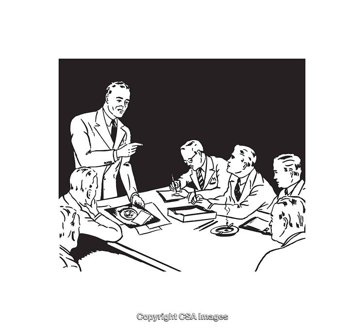 Retro Black and White Business Meeting Illustration in a Corporate Setting