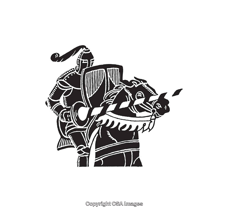 Medieval Knight on Horseback in Artistic Black and White Illustration