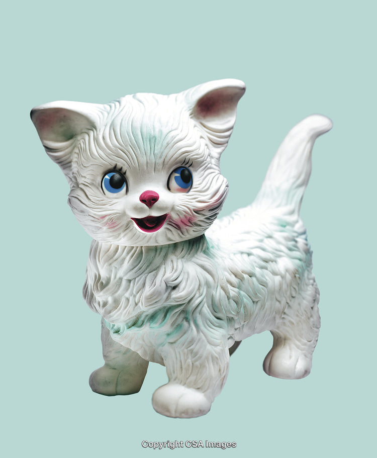 Adorable White Plastic Cat Figurine with Blue Eyes and Playful Expression