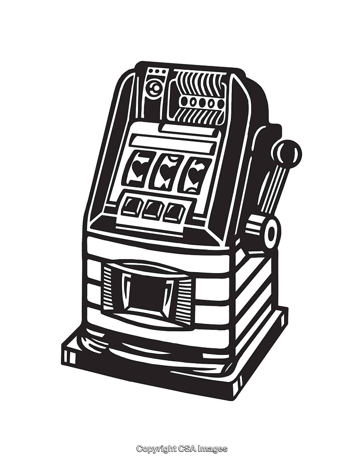 Black And White Slot Machine Illustration Depicting Gambling In Bold Line Art Style