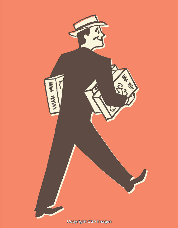 Illustrated Man Carrying Boxes with Vintage Design Style on Orange Background