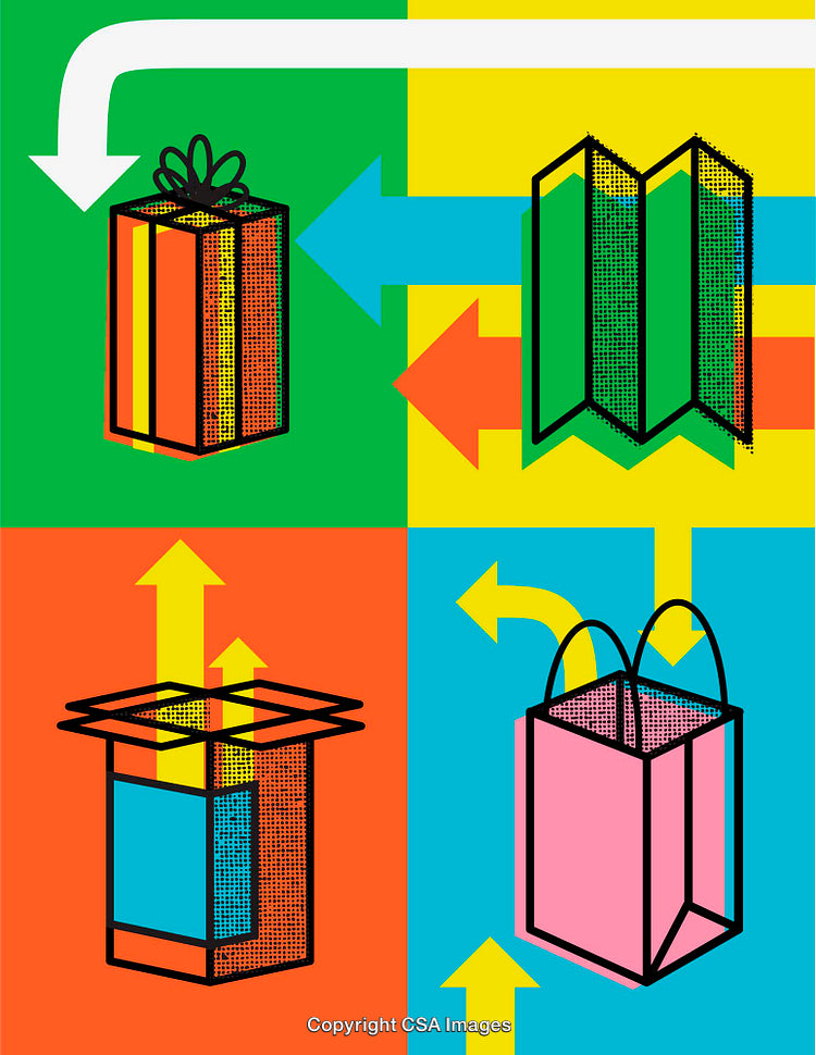 Colorful Line Art Illustrations Featuring Gifts, Boxes, and Arrows