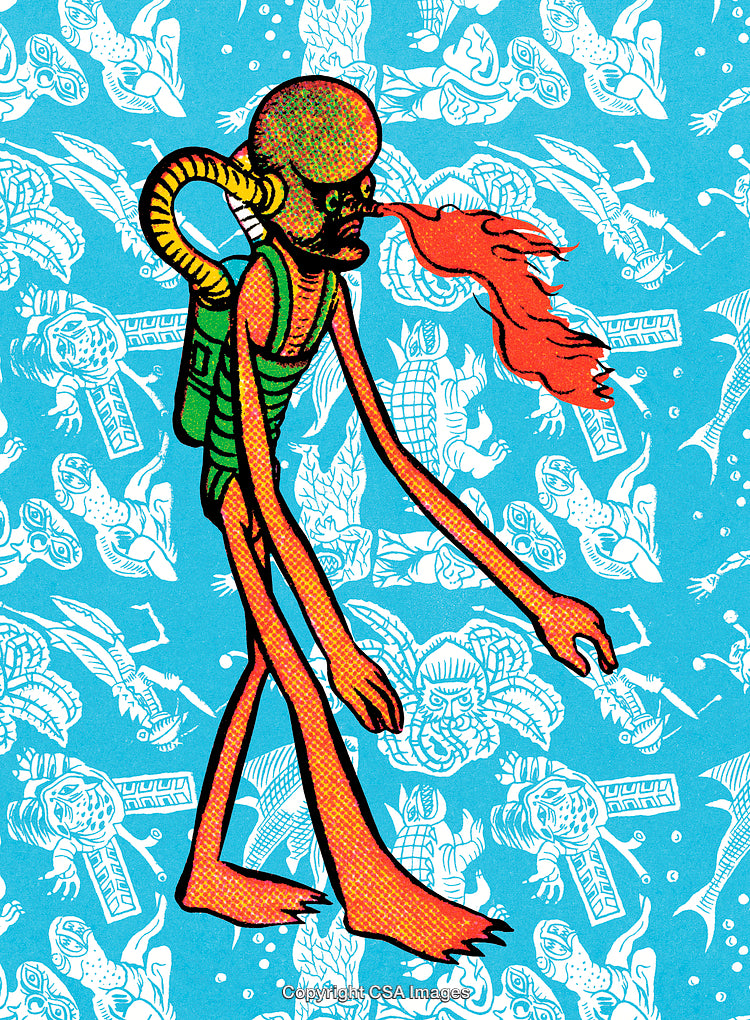 Surreal Creature Breathing Fire With an Underwater-Themed Patterned Background