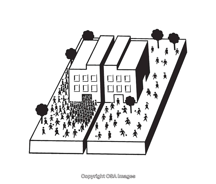Black And White Illustration of Two Buildings With Crowds and Trees