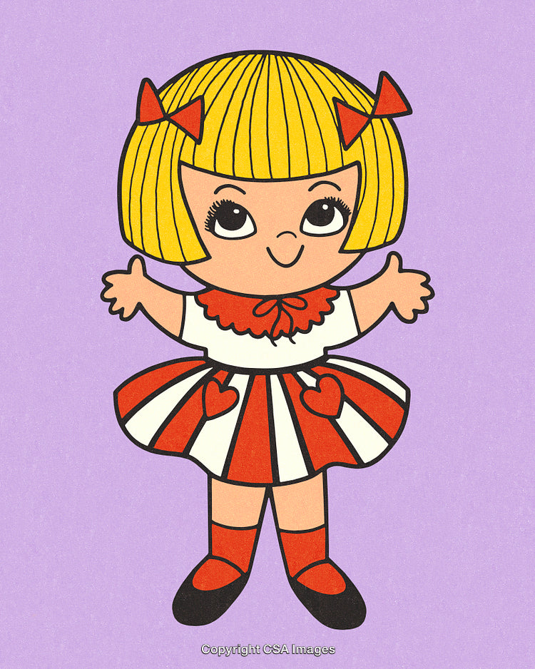 Cute Cartoon Girl With Red Dress on a Purple Background
