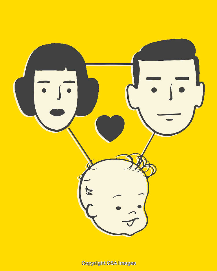Illustration of Family Concept with Parents and Baby in Bold Yellow Background