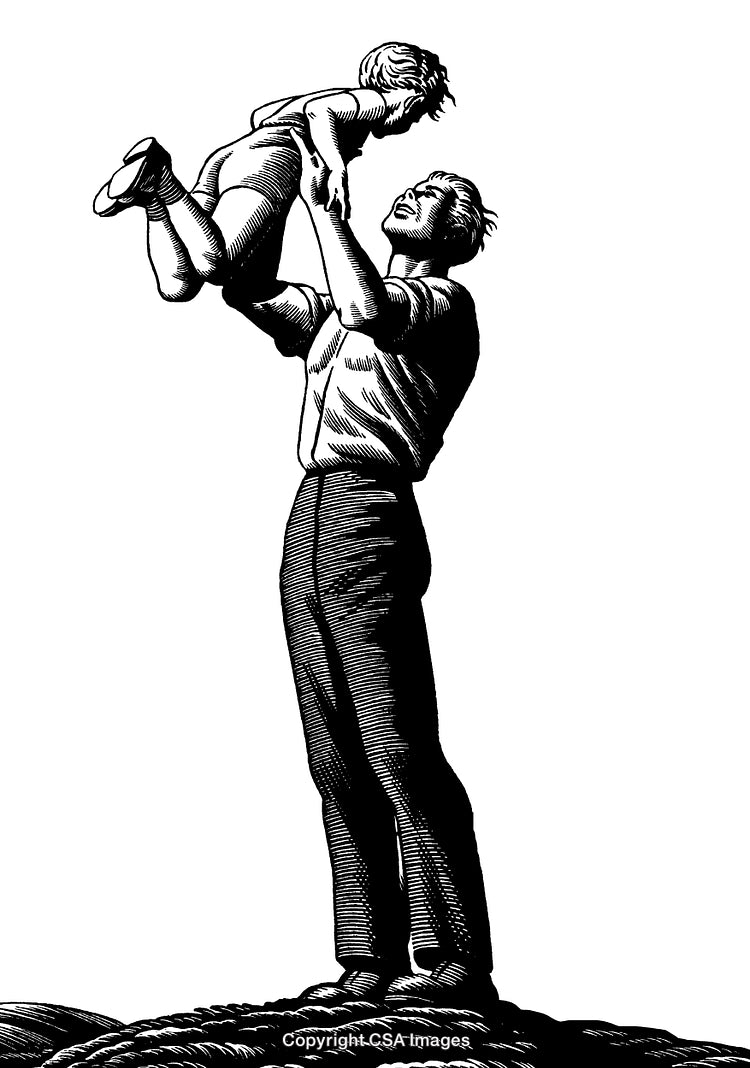 Father Holding Child High in Air Engraving Style Illustration