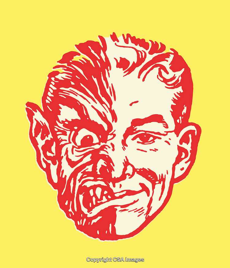 Vibrant Illustration of a Vintage Dual-Expression Face with Bold Colors