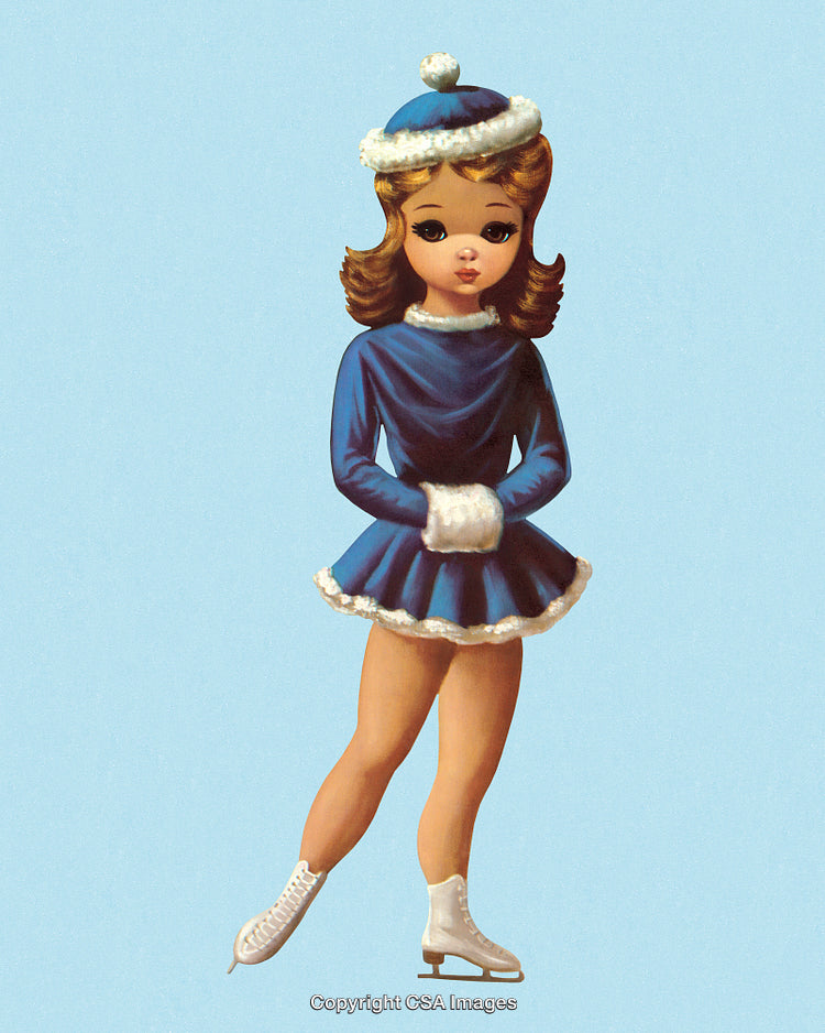 Vintage Illustration of a Figure Skater Wearing a Blue Winter Outfit