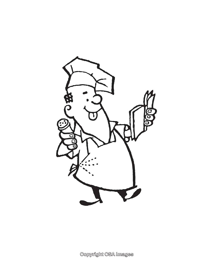 Whimsical Chef Line Art Holding a Cookbook and Pepper Shaker