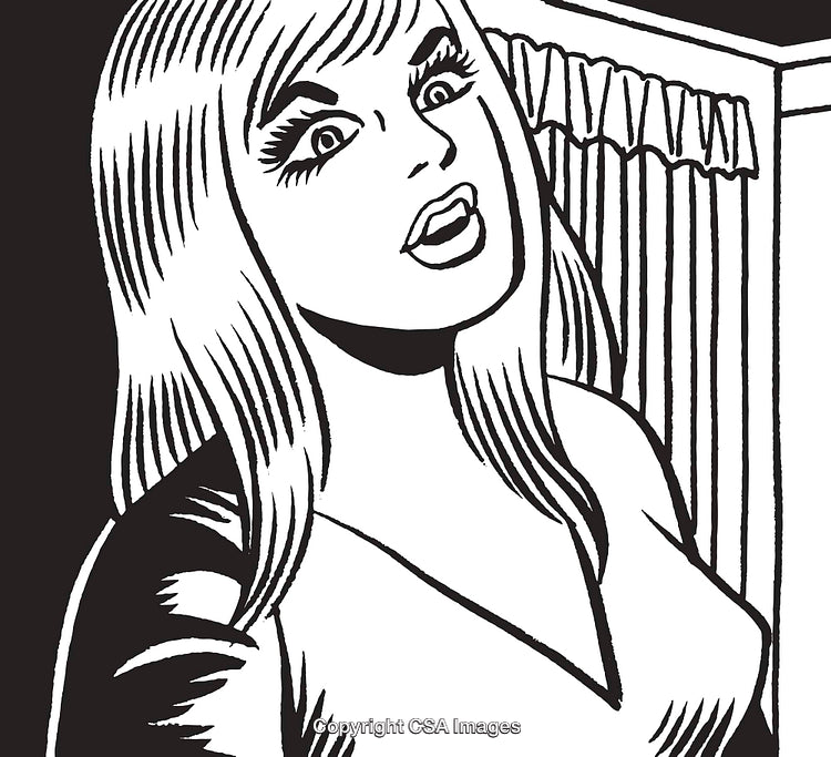 Stylized Black and White Pop Art Illustration of a Surprised Woman