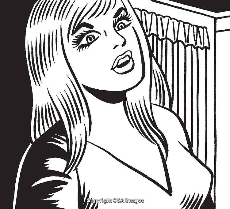 Stylized Black and White Pop Art Illustration of a Surprised Woman