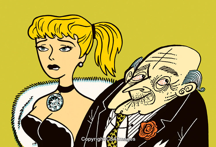 Stylized Illustration of a Young Woman and an Elderly Gentleman in Formal Attire