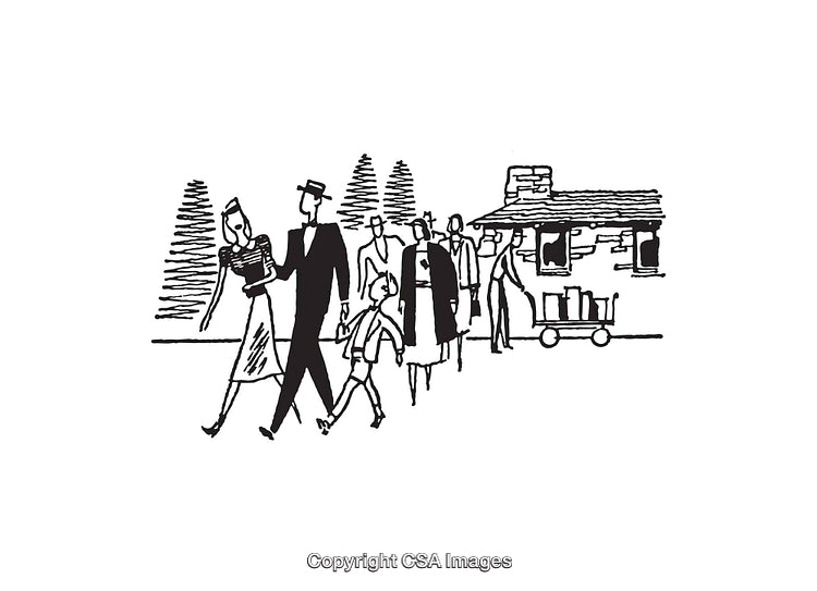 Retro Line Art of People Walking Together in a Scenic Park Setting