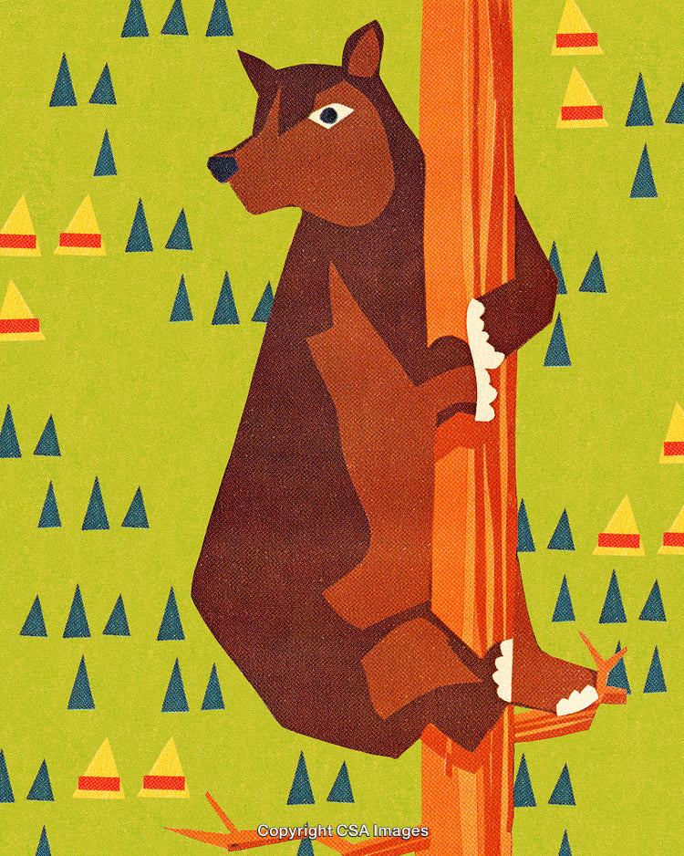 Colorful Bear Climbing a Tree in a Stylized Forest Scene