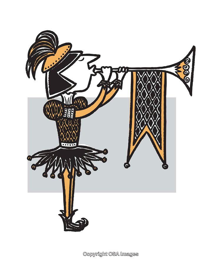 Colorful Illustration of a Medieval Trumpeter Blowing a Decorative Heralding Horn