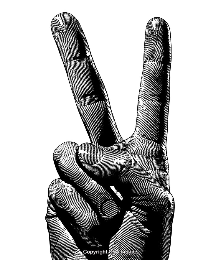 Engraved Illustration of a Hand Giving a Peace Sign Gesture