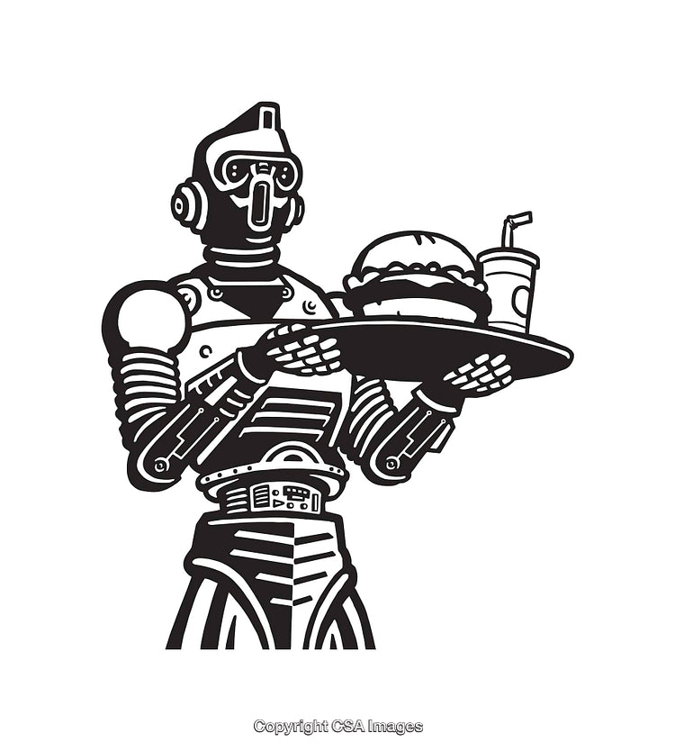 Black And White Illustration of a Robot Serving a Meal