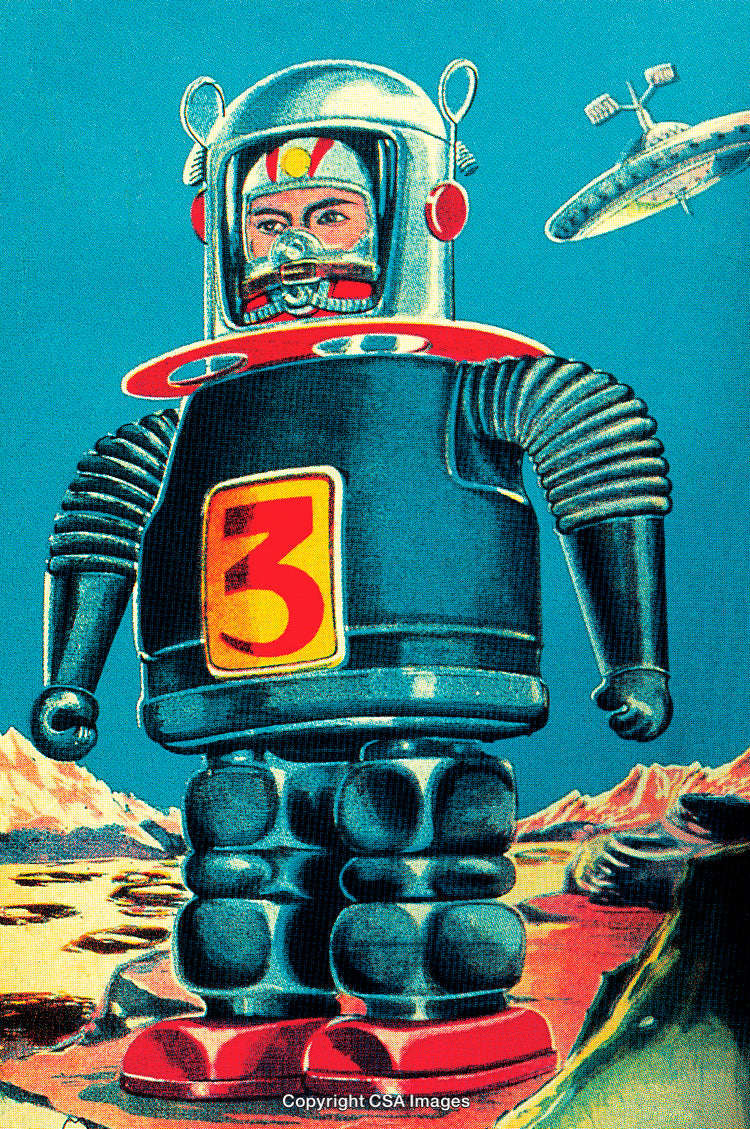 Vintage Sci-Fi Illustration of a Robot With Space Background Elements