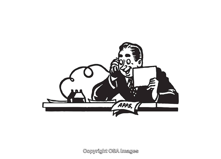 Retro Style Illustration of a Businessman at a Desk Reviewing Documents