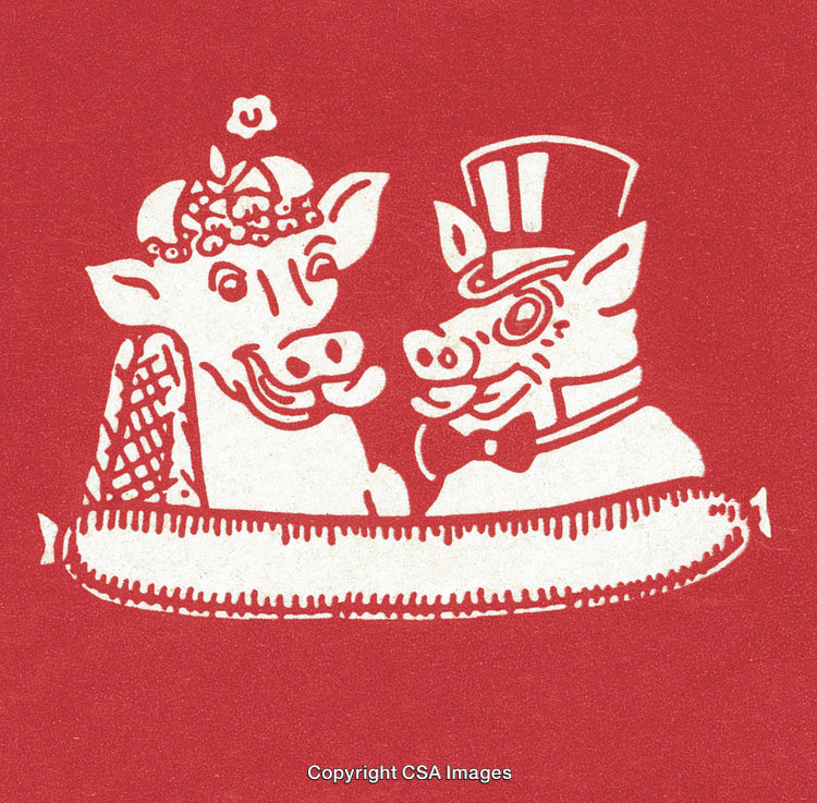 Cartoon Illustration of Cow and Pig in Wedding Attire with Sausage Border