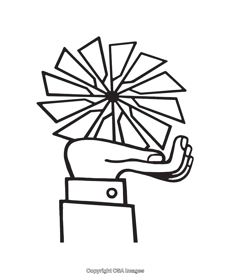 Hand Holding Geometric Pinwheel in Black and White Line Art
