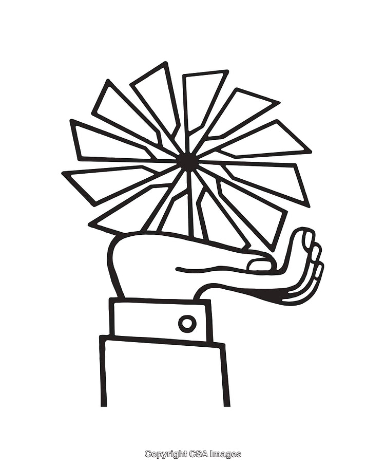 Hand Holding Geometric Pinwheel in Black and White Line Art