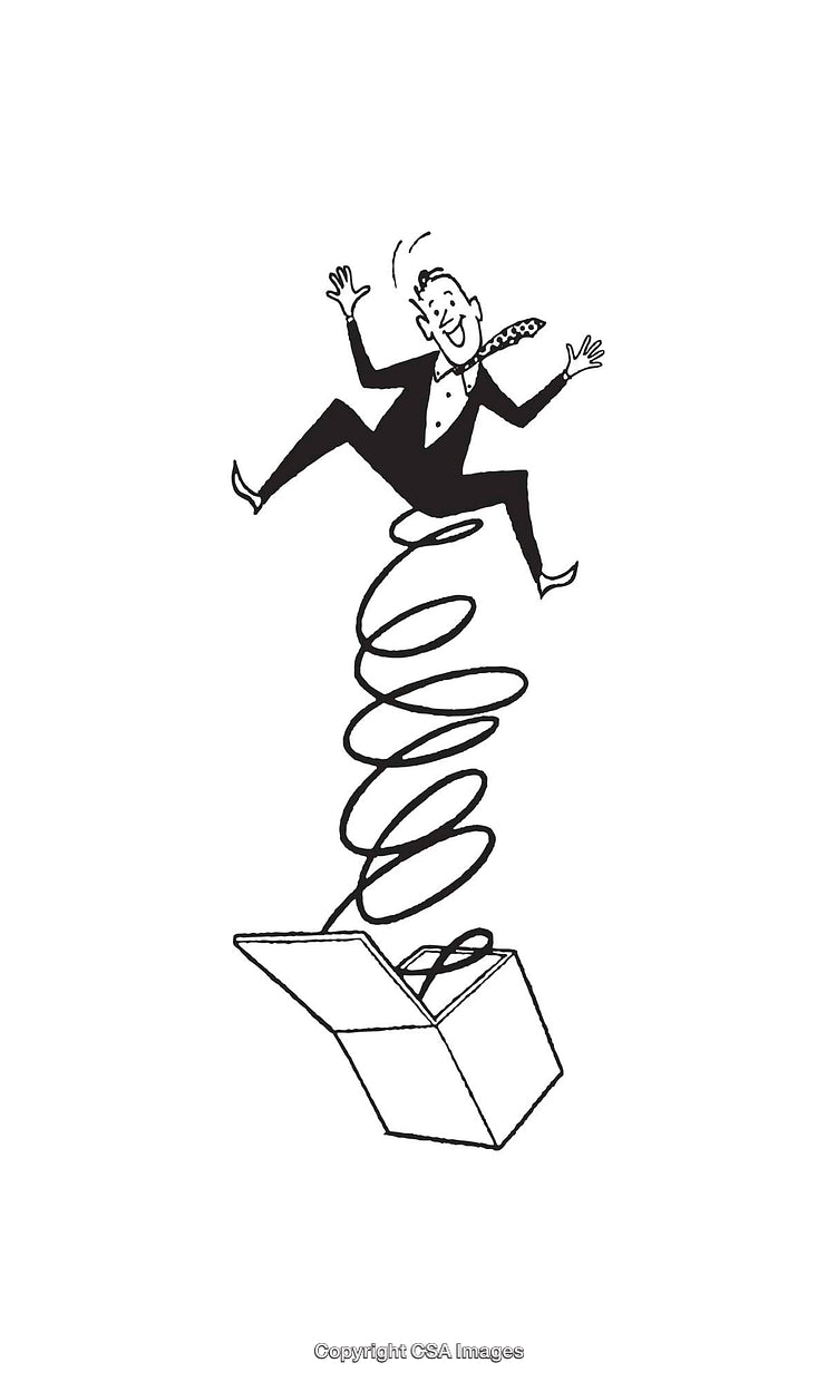 Line Art Illustration of Jack-in-the-Box Launching a Happy Figure
