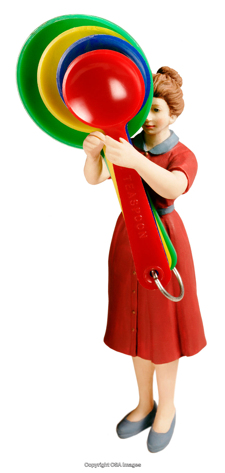 Miniature Woman Figurine Holding Large Colorful Measuring Spoons