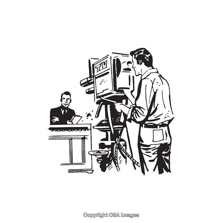 Black and White Line Art of a Television Studio Setting Scene