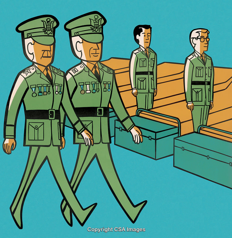Cartoon Illustration of Military Officers with Medals and Equipment