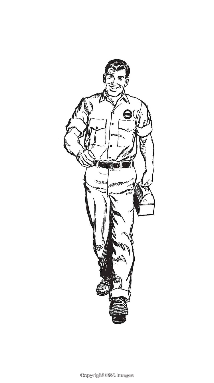 Retro Line Art Illustration of a Smiling Delivery Worker Carrying a Lunchbox