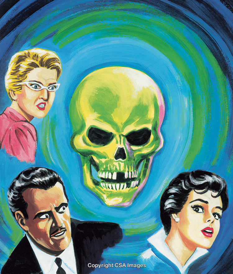 Vintage Illustration Featuring Suspenseful Characters and a Glowing Green Skull