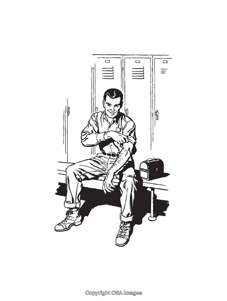 Retro Style Line Art Illustration of a Man in a Locker Room