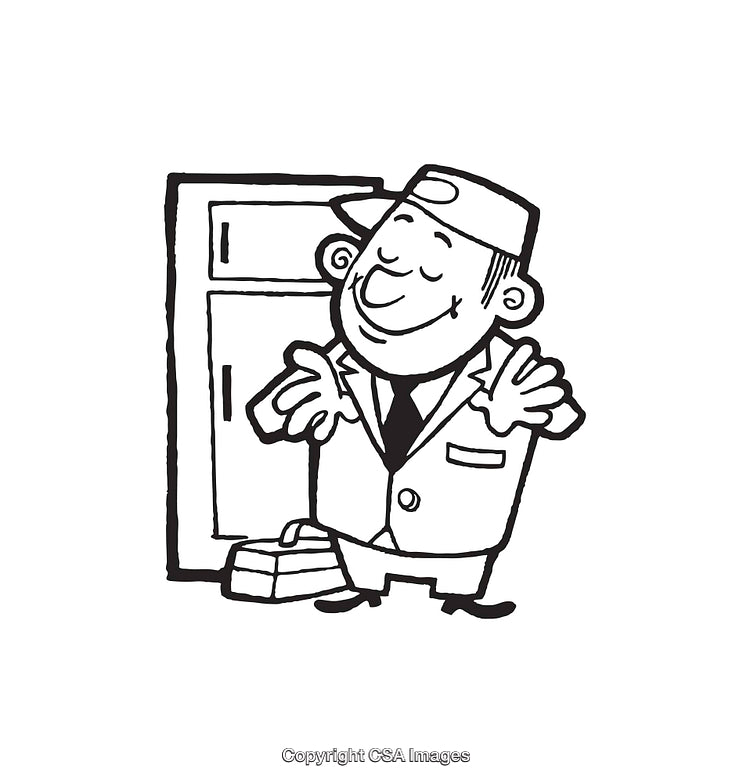 Retro Cartoon Handyman with Tools Standing Proudly by a Refrigerator