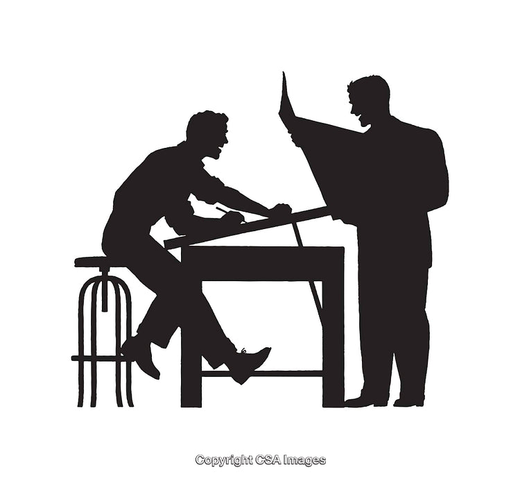 Silhouette Illustration of Two Professionals Collaborating Over Drafting Tools