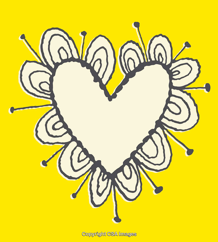 Yellow Heart Illustration with Radiating Floral Line Art Design