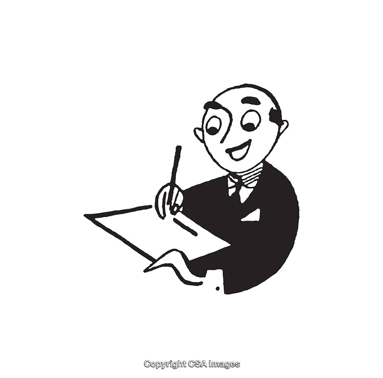 Black and White Illustration of Man Writing on Paper Cheerfully