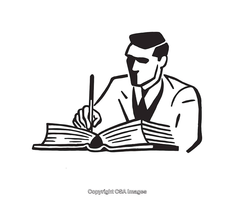 Black and White Illustration of a Person Writing in a Large Book