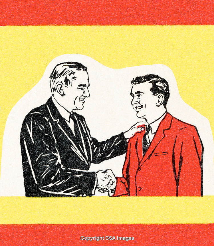 Retro Illustration of Two Businessmen Shaking Hands in Red and Yellow Frame