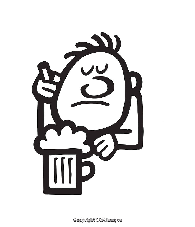 Black and White Cartoon Depicting Reflective Individual Enjoying a Beer Mug