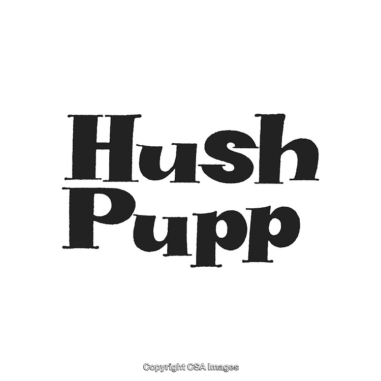 Bold Black Text Design Featuring the Words Hush Pupp on White Background