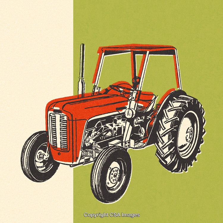 Vintage Illustration of a Red Farm Tractor on Colored Background