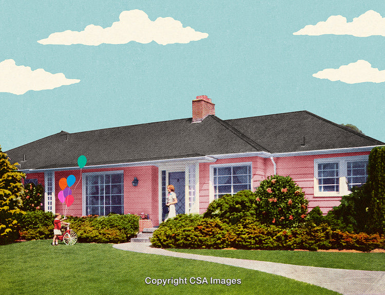 Retro Style Suburban Home with Child and Balloons in Front Yard