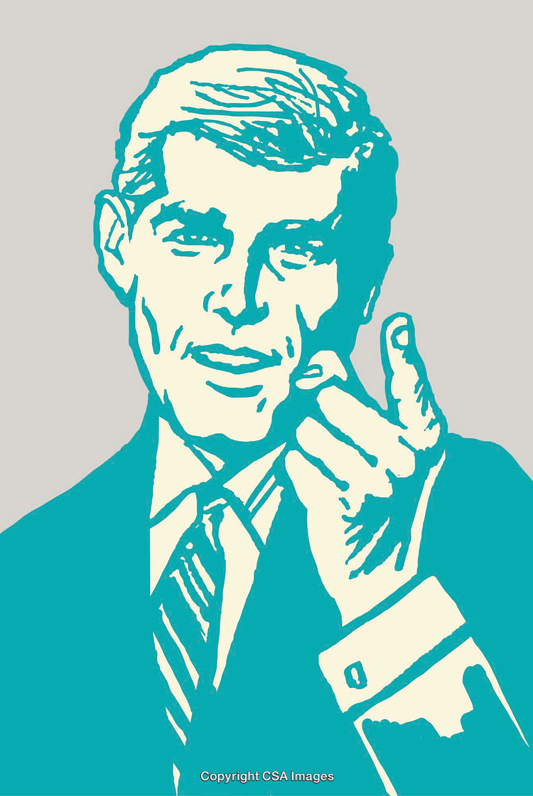 Hand-Drawn Businessman Illustration with Pointer Gesture in Retro Style